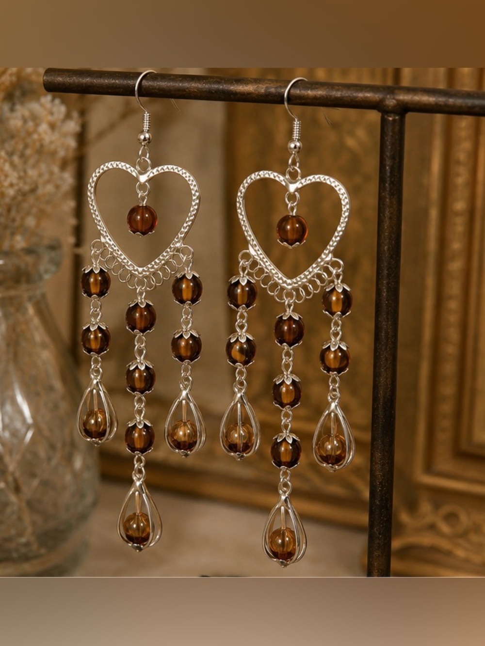 Heart Beaded Dangle Earrings | Amber Brown Drop | Silver Tone | 5” Statement